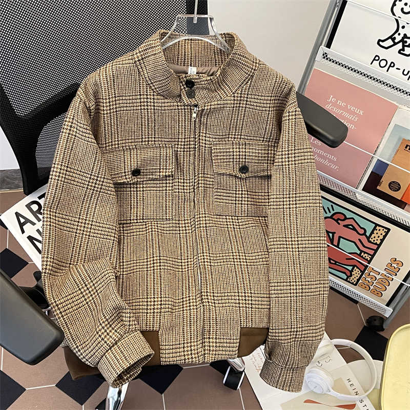 Harrington Jacket - Women's Brown Plaid Autumn Jacket Coat
