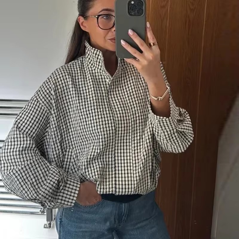 Varsity Jacket Letterman - Plaid Bomber Jacket Women Demi-Season Long