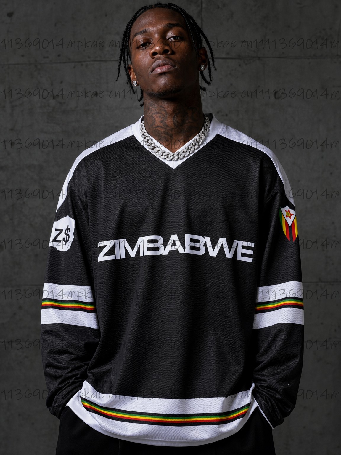 Mens Fashion Streetwear - Men's Zimbabwe Printed V-Neck Long-Sleeve T-Shirt,
