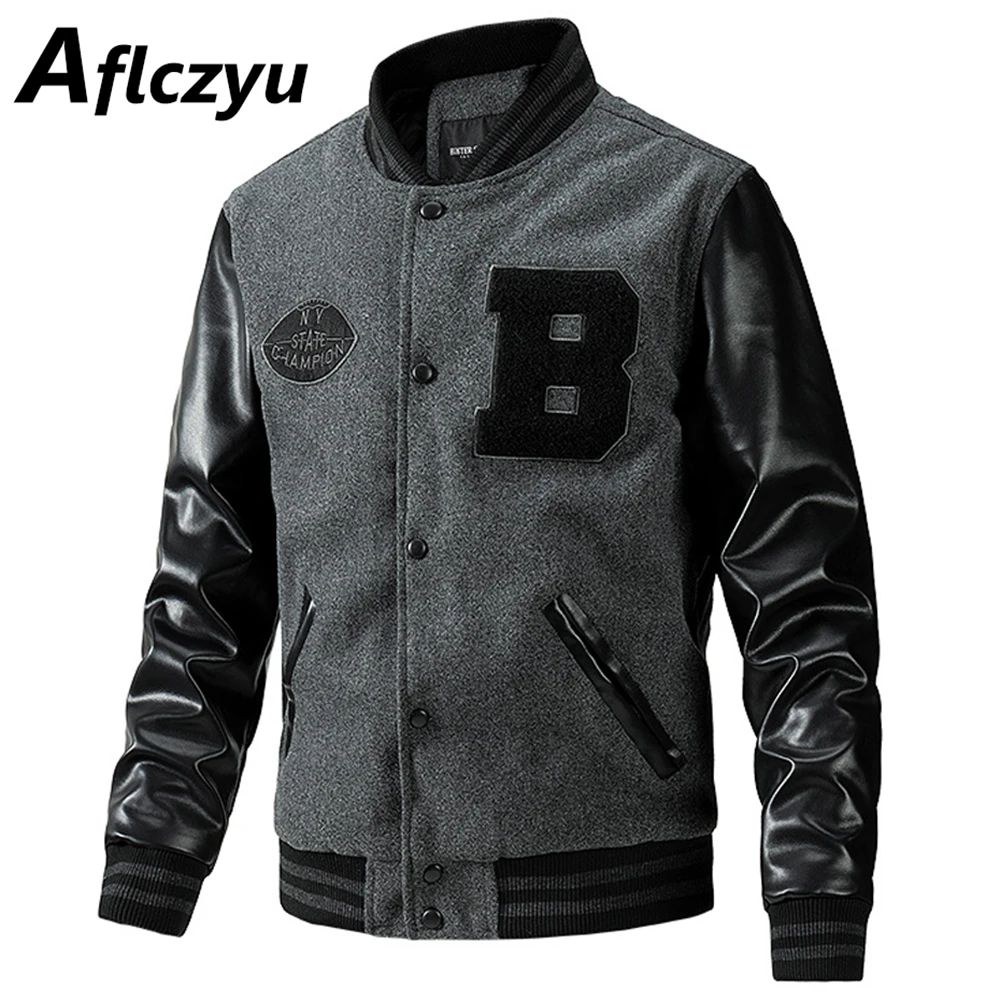 Varsity Jacket Letterman - Varsity Jacket Men PU Sleeve Patchwork