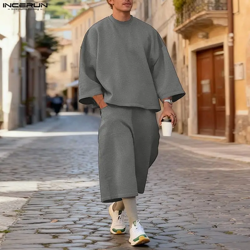 INCERUN Men Sets Solid Color B - Mens Fashion Streetwear 评论和价格
