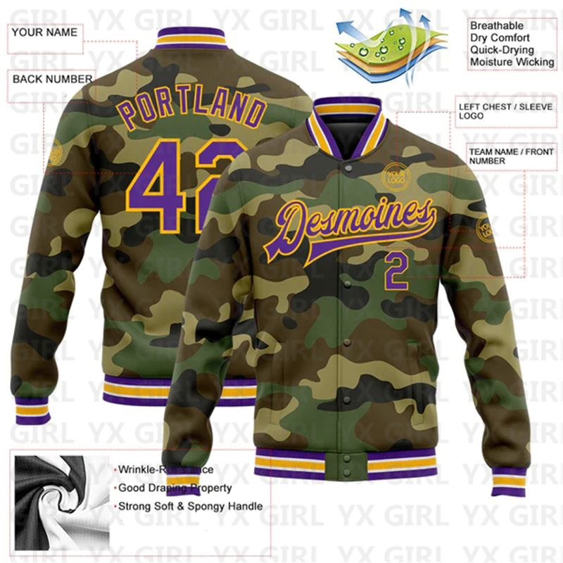 Custom Camo Purple-Gold Full-S - Varsity Jacket Letterman 评论和价格